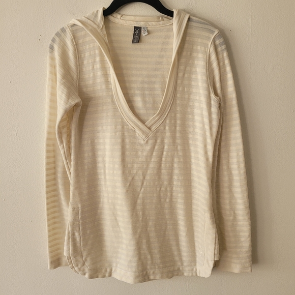 Ibex Women Merino Wool Shadow Stripe Hoodie Top Long Sleeve Small Ivory Pullover - Picture 1 of 10